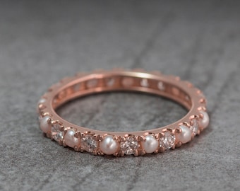 Diamonds and Pearls alternating eternity Rose Gold Ring