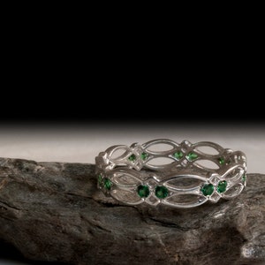 Celtic Ring Eternity Ring Emerald Ring Green Stones ring Sterling Silver or White Gold Ring texture pattern victorian gothic image 1