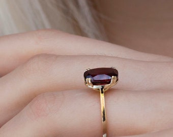 14K Gold Cushion cut Garnet Ring | January birthstone Indian Garnet | Solitaire rose gold ring | gift for her