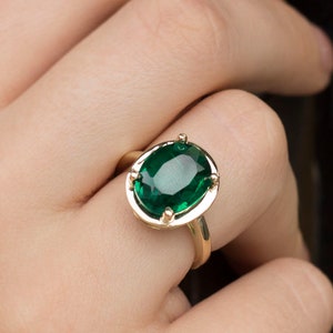 14K Green Emerald Solitaire ring Rose gold ring Oval cut gemstone 18K Gold ring gift for her Engagement ring image 3