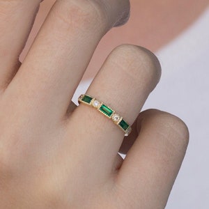 Perfect Baguette Emerald and round diamonds stacking ring in a vintage milgrain setting