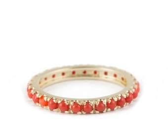 Coral ring, Red coral, Eternity ring Gold ring, cabochon gold ring