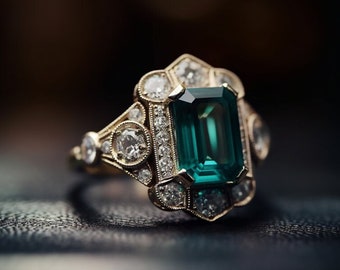 Emerald vintage ring - Diamond ring - Vintage jewelry - Emerald jewelry - Milgrain ring - engagement ring