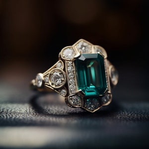 Emerald vintage ring - Diamond ring - Vintage jewelry - Emerald jewelry - Milgrain ring - engagement ring