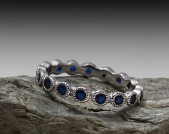 White Gold Sapphire Eternity ring - gemstone - Sterling silver - Blue stone ring - Thin Elegant band