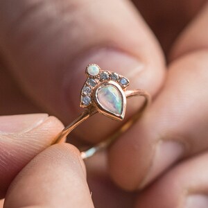 Opal and Diamond Ring Pear shaped Opal Small white Diamonds Gold ring engagement ring Diamond ring Crown Ring Fan ring image 3