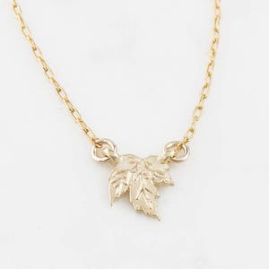 May include: A delicate gold necklace with a small, detailed maple leaf pendant.