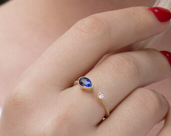 Open ring - 0.42 ctw Blue Sapphire - 0.04 Ct Diamond ring - adjustable Stacking ring -14 Karat Gold - Natural - September Birthstone