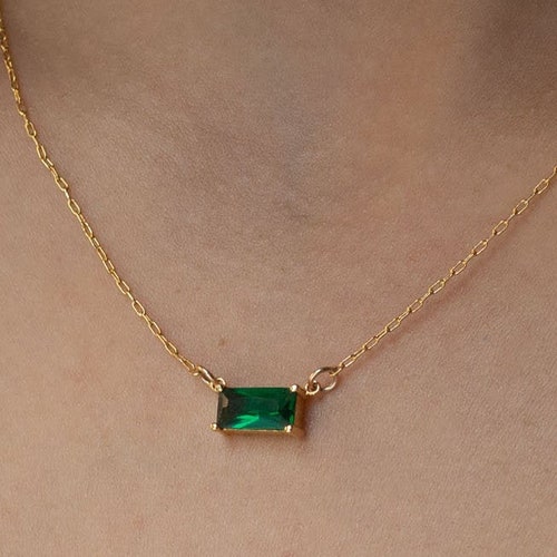 Emerald Rectangle Necklace Green Emerald Gold Necklace Etsy