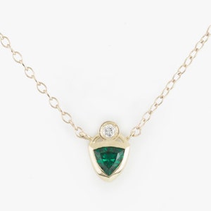 Emerald necklace, Diamond necklace, emerald jewelry, gold necklace, emerald green, pendant, solitaire necklace, trillion, dainty necklace