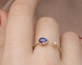 Open ring - Blue sapphire - adjustable Stacking ring - Blue Gemstone - September birthstone - rose gold ring