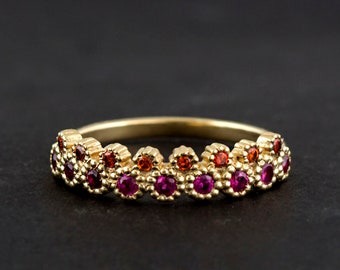 Padparadscha Stacking gold crown ring - orange and pink Sapphires gold ring - Dual layer gemstone ring - half eternity ring -