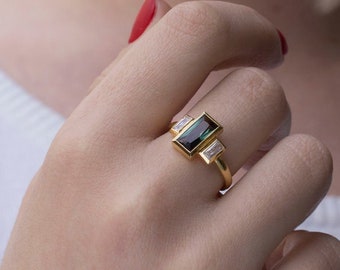 baguette ring vintage, baguette ring Tourmaline, baguette ring solitaire, art deco, ring for women, antique, Tourmaline ring engagement