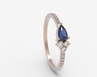 Blue sapphire / Cluster diamond ring / pear cut gemstone / Dainty rings / Promise ring / Asymmetrical ring