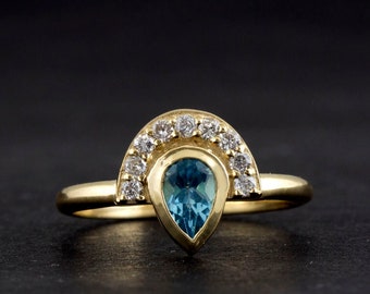 Blue topaz ring, Diamond ring, Halo ring, stacking rings, Blue stone ring, Stackable rings, Blue birthstone ring, Gemstone ring, Blue stone