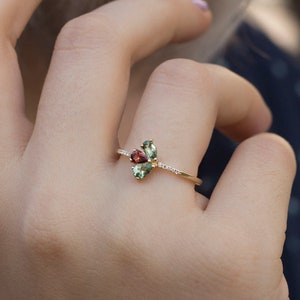 Tourmaline ring, Ruby ring, green tourmaline ring, pink, pear cut, 14K gold ring, diamond ring, promise ring, rose gold ring, art deco, gift