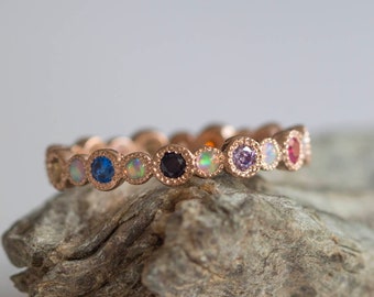 Gorgeous eternity ring with alternating White opals and sapphire, ruby, amethyst, blue topaz, citrine, Free shipping
