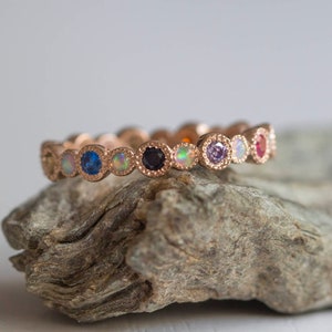 Gorgeous eternity ring with alternating White opals and sapphire, ruby, amethyst, blue topaz, citrine, Free shipping