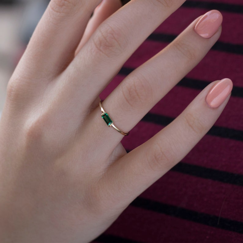 Emerald baguette ring, gold emerald ring, dainty emerald ring, 14 Karat gold ring , may birthstone, image 1
