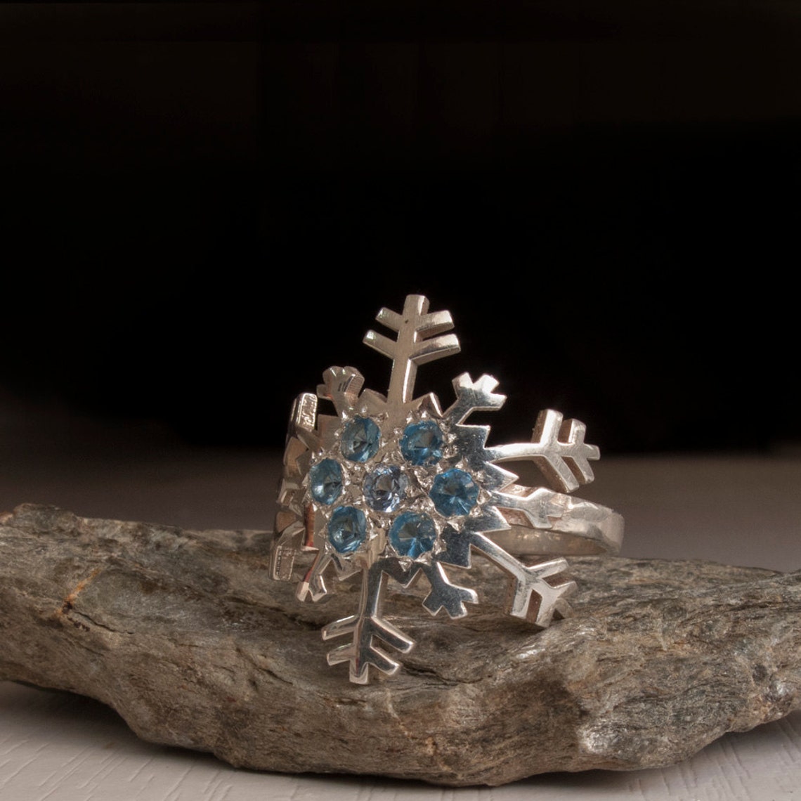 Snowflake Silver Ring Blue Topaz Gemstone Something Blue White Gold