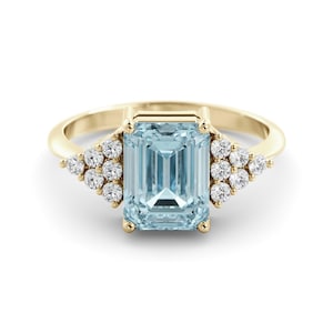 Aquamarine Diamond Ring, Art Deco Ring, Blue Gemstone Ring, Aqua Blue Ring, March Gift for Her, Unique Handmade Rings, Natural Aquamarine