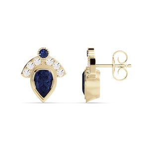 Dainty Pear cut Blue Sapphire gemstone  set with Small round Diamonds - Fan style ring - art deco - Handmade gold stud earrings