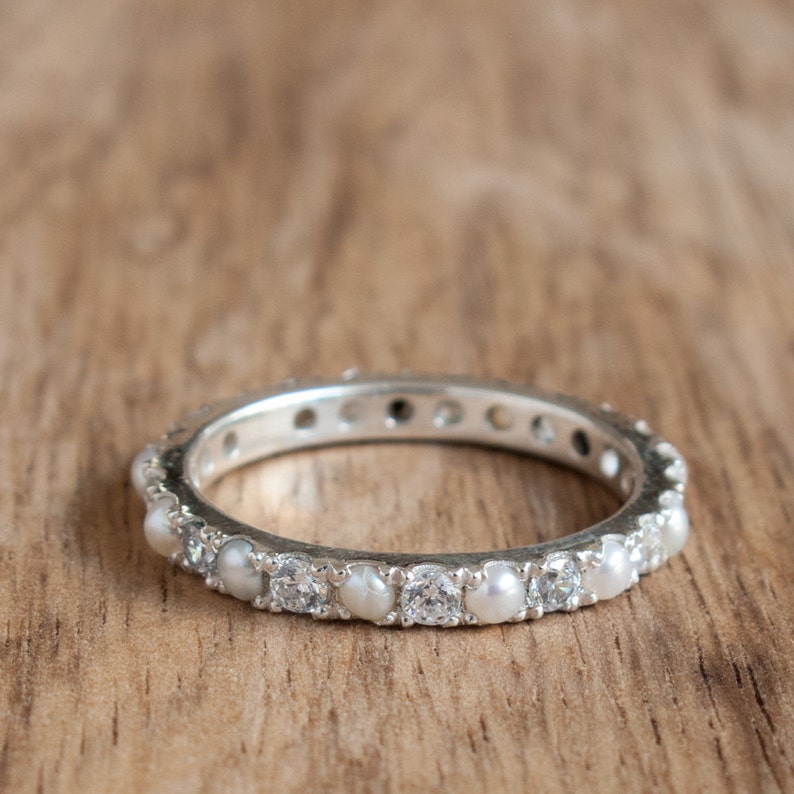 Diamonds and Pearls alternating eternity White Gold Ring Etsy