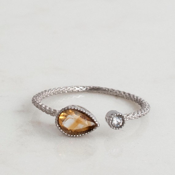 Open ring - 0.35 ctw Citrine - 0.04 Ct Diamond ring - adjustable Stacking ring - 14 Karat White Gold - NovemberBirthstone