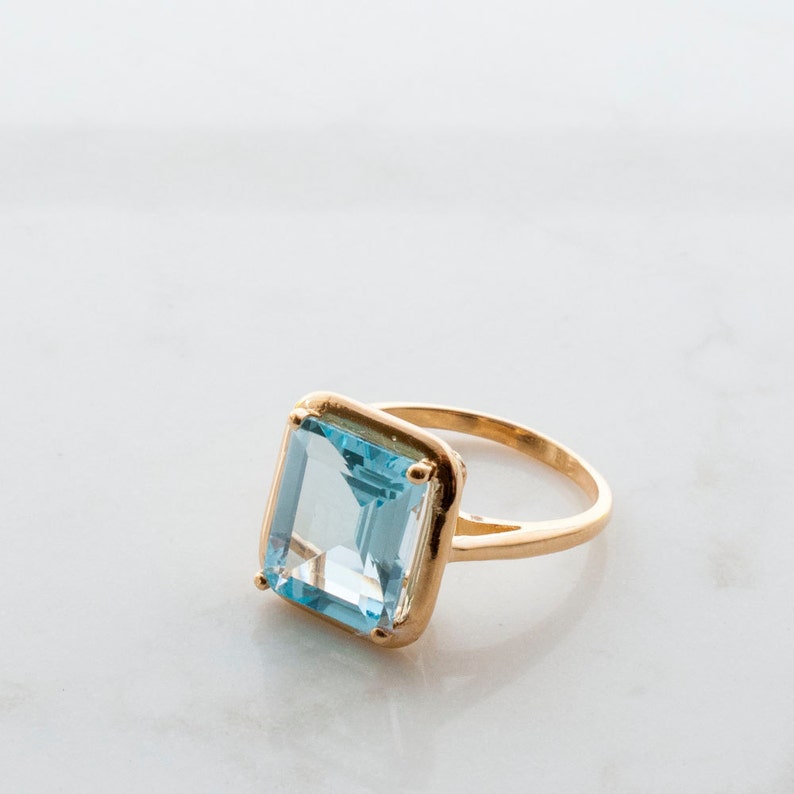 Blue Topaz Gold Ring Square stone Swiss Blue Topaz Blue gemstone Prong setting Rectangular ring Statement ring something blue image 1