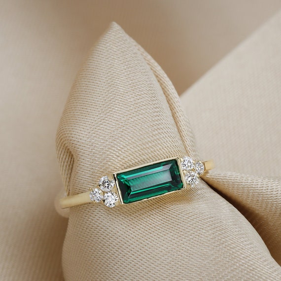 Baguette Emerald and Diamond Ring Baguette Emerald Round Diamonds. Dainty Ring Green Gemstone 14K Gold Ring Etsy