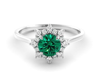 Emerald Ring, Green Chatham Stone with Diamonds (Rhodium Silver)