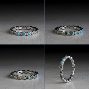 Gold eternity ring set with Emeralds, Opal and peridot gemstone, milgrain setting, handmade in solid gold white, yellow or rose and silver image 2