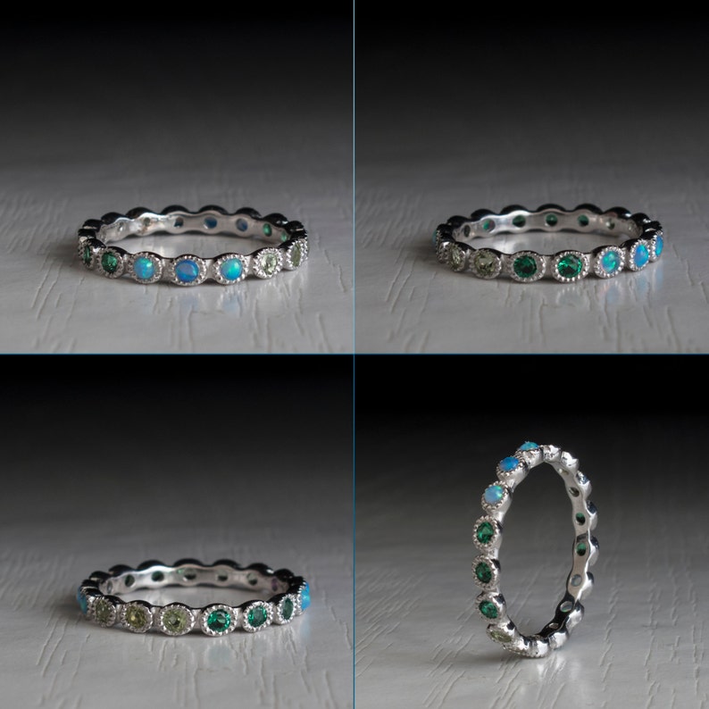 Gold eternity ring set with Emeralds, Opal and peridot gemstone, milgrain setting, handmade in solid gold white, yellow or rose and silver image 2