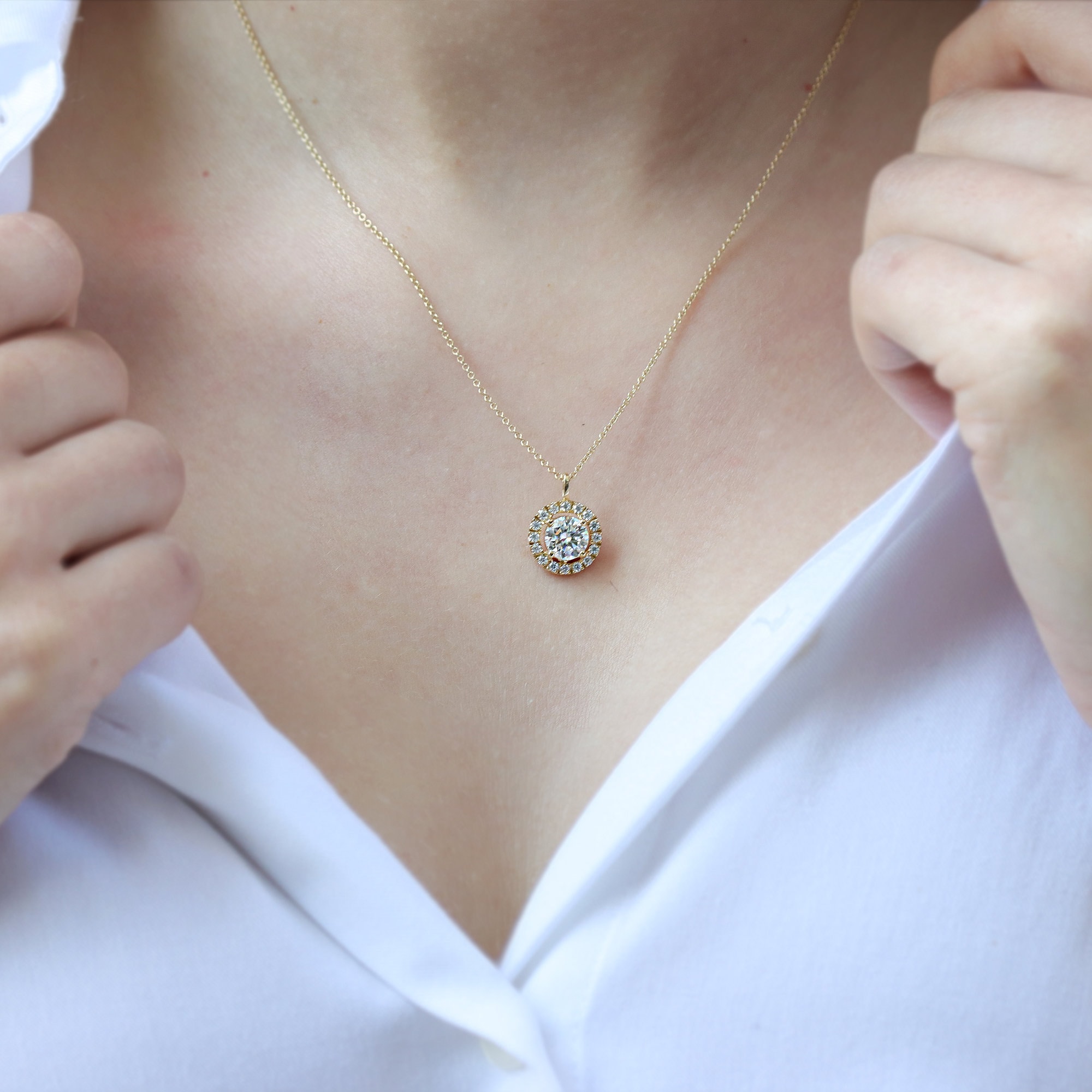 Moissanite halo pendant gold necklace, dainty Moissanites pendant, 14K Gold necklace, anniversary gift, gift for her, birthday gift