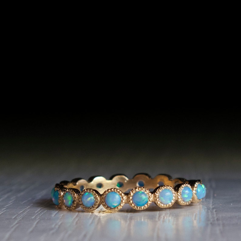 Eternity Opal Gold Ring Blue Stone Ring October Birthstone Etsy