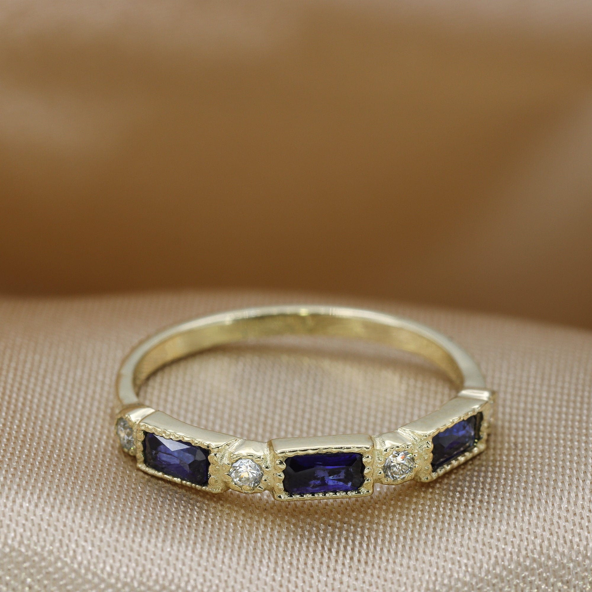 Sapphire and Diamonds ring, Baguette ring, art deco, Gift for her, vintage ring, natural gemstone, 14K Gold ring