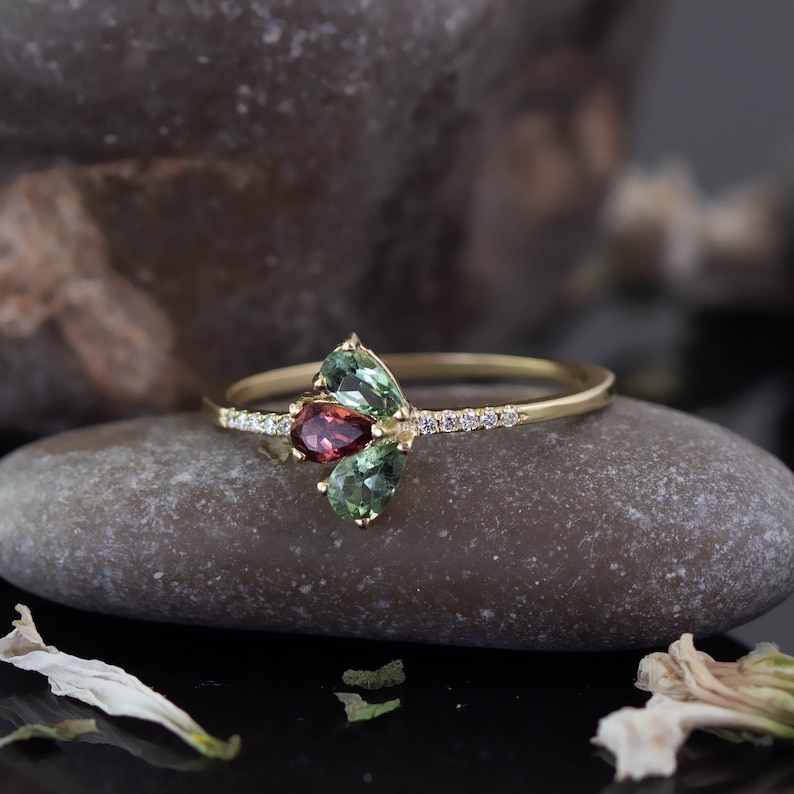 Tourmaline ring, Ruby ring, green tourmaline ring, pink, pear cut, 14K gold ring, diamond ring, promise ring, rose gold ring, art deco, gift image 4