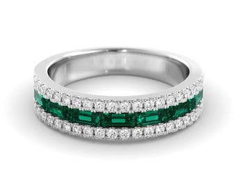 Emerald and Diamond Ring: Rhodium Silver, Royal Design