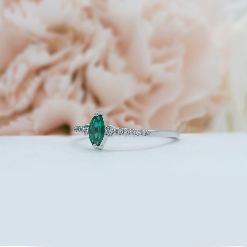 Marquise cut gemstone ring vintage yellow gold Emerald Diamond ring rose gold engagement dainty gold ring white gold