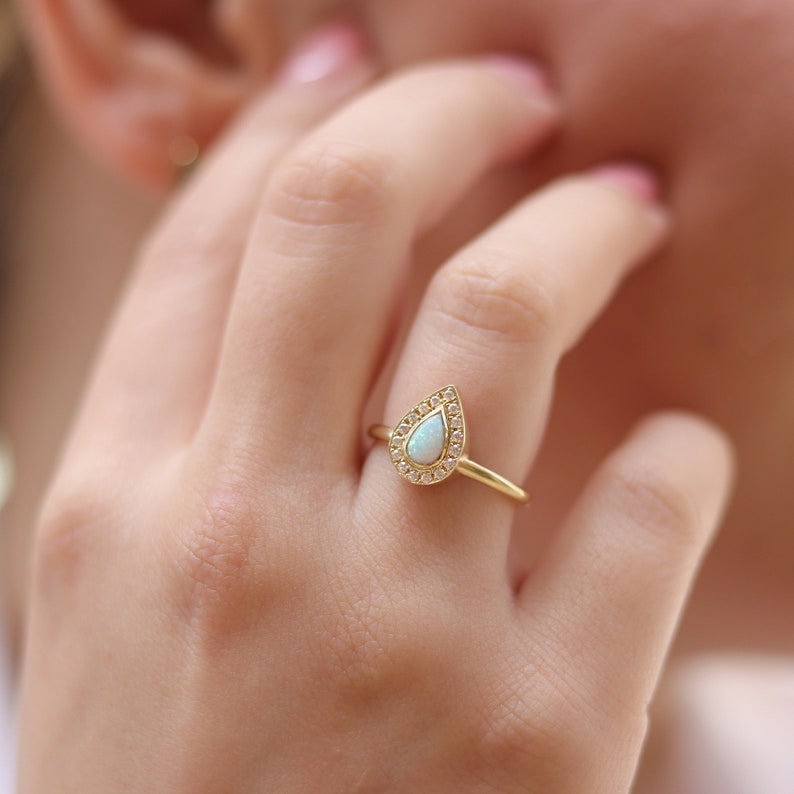 Opal diamond halo ring , handmade ring, 14k diamond ring, unique ring, gold opal ring, white opal engagement ring image 3