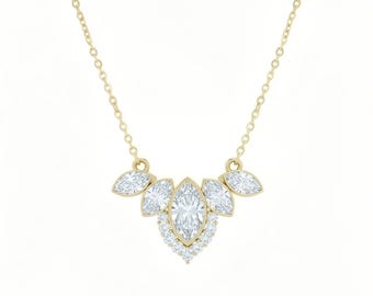 Marquise Lab Diamond Necklace, 14K Gold (VVS Clarity, Handmade)