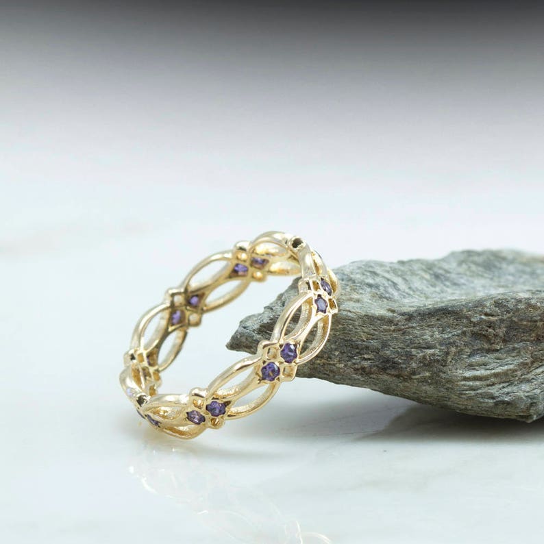 Amethyst Celtic Eternity Ring Amethyst Ring purple gemstone Gold Ring pattern victorian gothic image 1