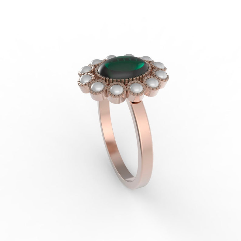 Emerald and pearl Ring engagement ring petal ring victorian ring princess diana ring Gold ring real pearls Green Stone 14K image 3