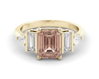 Morganite Ring with Lab Diamonds - Emerald Cut, 14K Gold