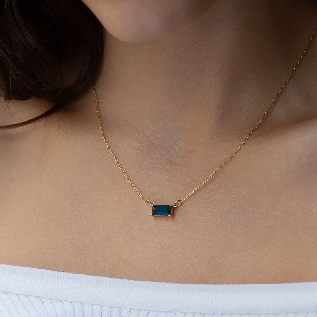 Sapphire Baguette Necklace, Blue Sapphire , Gold Necklace