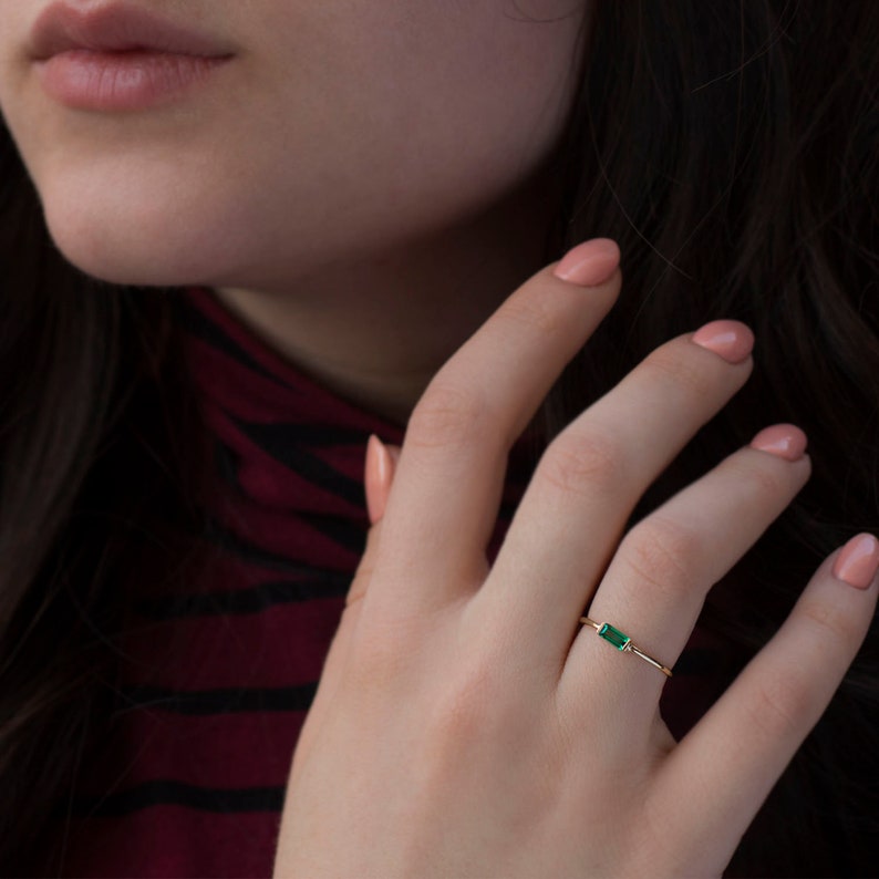 Emerald baguette ring, gold emerald ring, dainty emerald ring, 14 Karat gold ring , may birthstone, image 5
