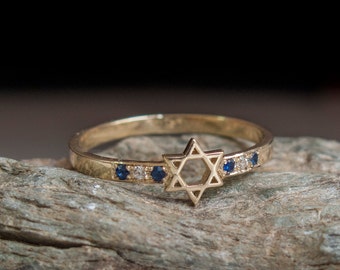 Jüdischer Stern Ring mit Saphiren - Magen scheibe schmuck - Israel made schmuck