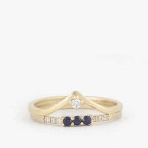 Stacking ring - Single diamond chevron ring - blue sapphire diamond ring - dainty rings