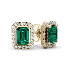Emerald Elegance: Gold Diamond Halo Earrings with Stunning Green Gemstones