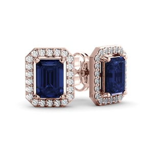 Sapphire Elegance: Gold Diamond Halo Earrings with Stunning Green Gemstones